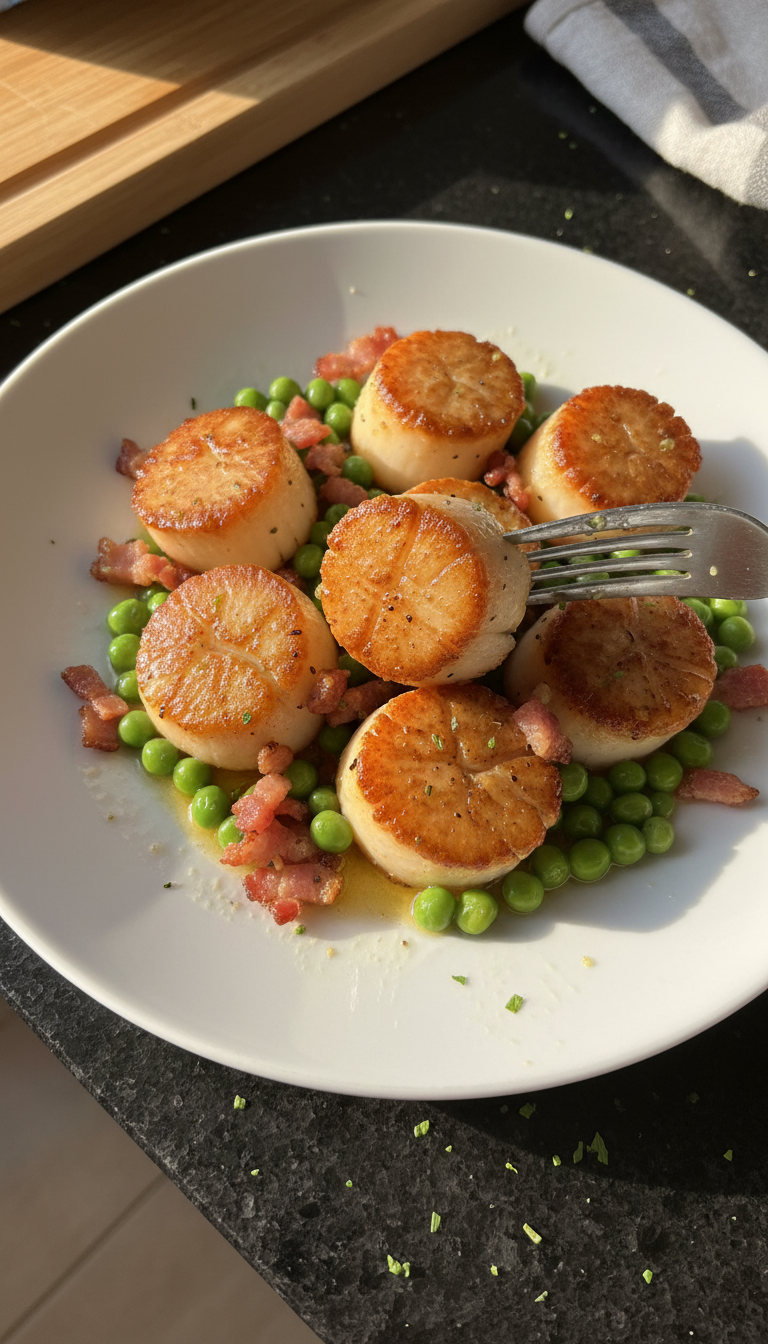 Jakobsmuscheln mit Bacon und Erbsen​