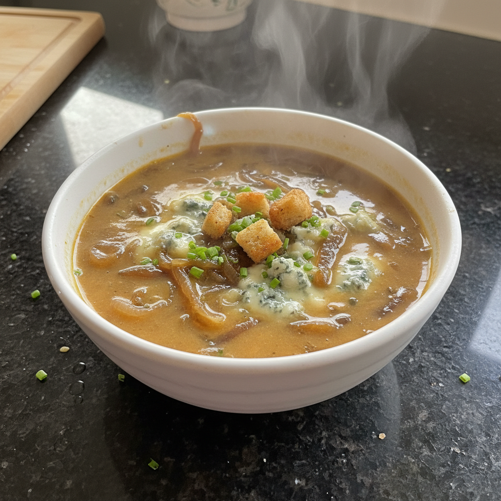 Karamellisierte Zwiebel und Blauschimmelkäse Suppe