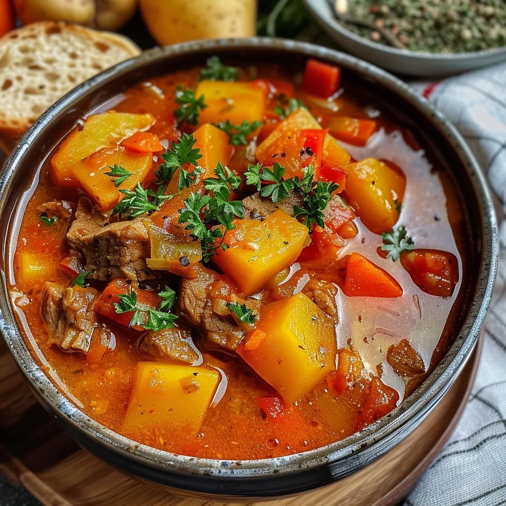 Gulaschsuppe mit Kartoffeln und Paprika