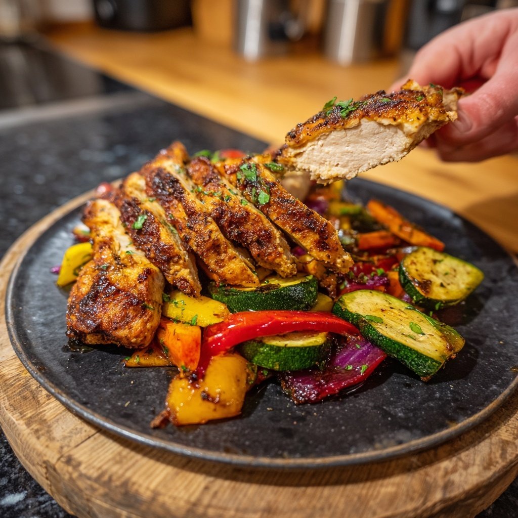 Gegrilltes Hähnchen Gemüse Pfanne